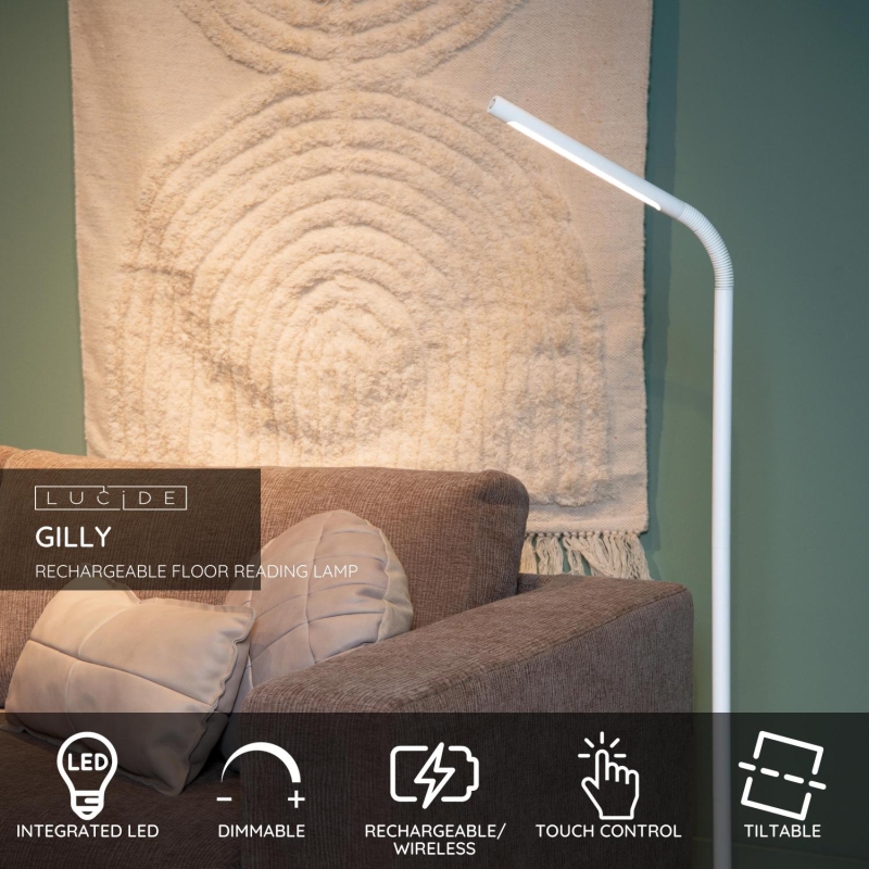 Lucide GILLY - Dobíjacia stojaca lampa na čítanie - Batéria - LED Dim. - 1x3W 2700K - Biela